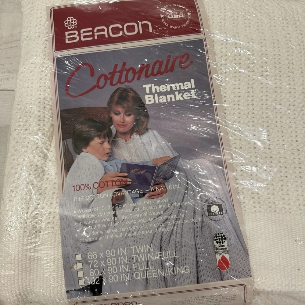 Vintage BEACON Cottonaire White Cotton Thermal Blanket Full / Twin 72